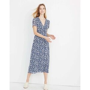 Madewell Floral Wrap Midi Dress Size 0 Blue White Short Sleeve Career Chiffon
